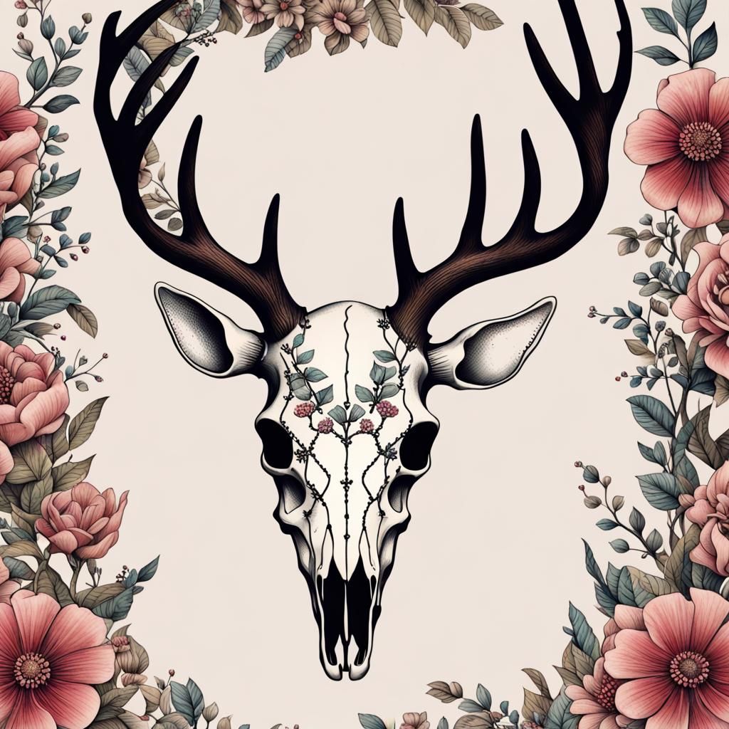 Deer Skull Tattoo with Floral Decorations