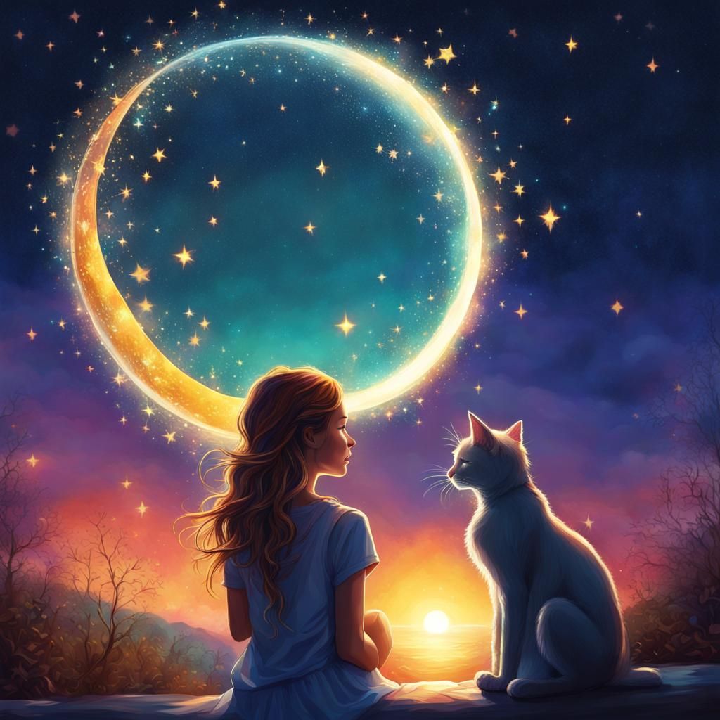 Girl and Cat Gazing at Jeweled Stars