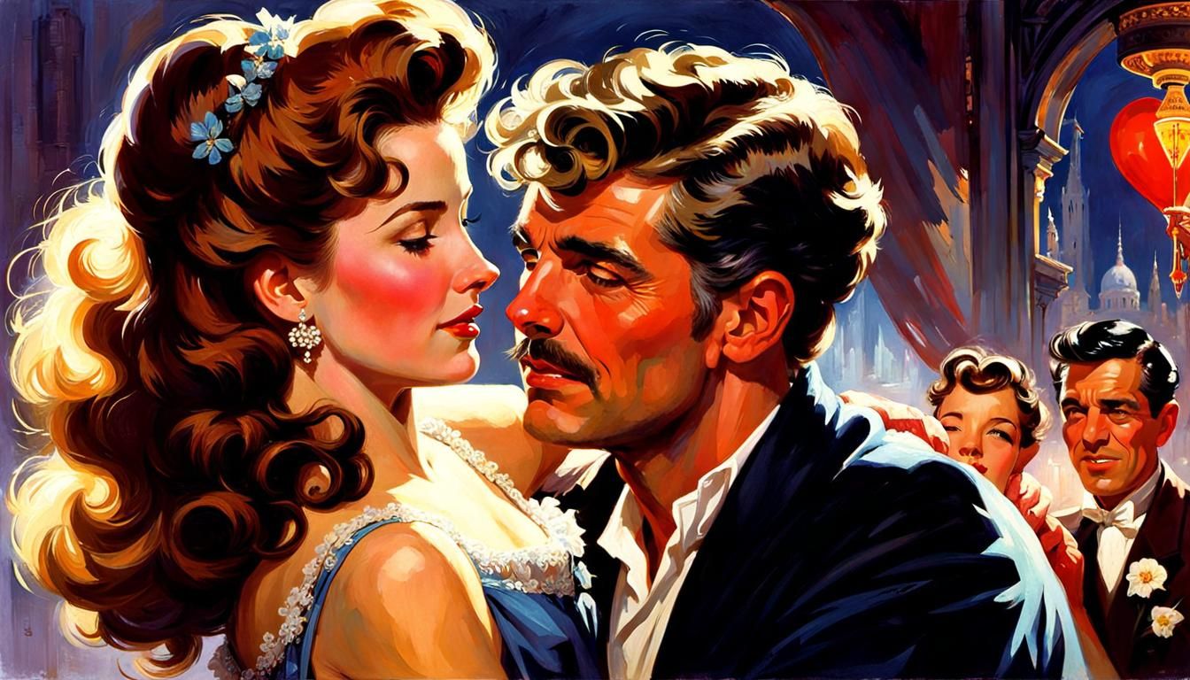 Romantic 1950s Dance Hall Scene in Vintage Poster Style