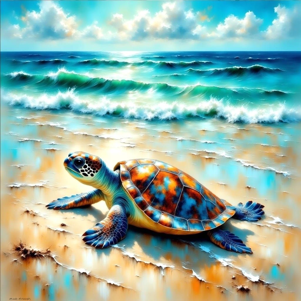 <lora:Impressionist:1.0> Baby sea turtle navigating through shallow water towards the shoreline, early morning sun casti...
