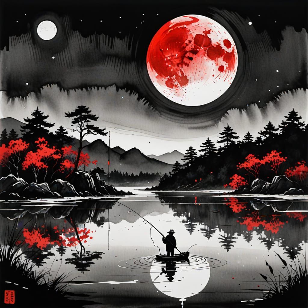 Korean Ink Illustration: Fisherman by Moonlight
