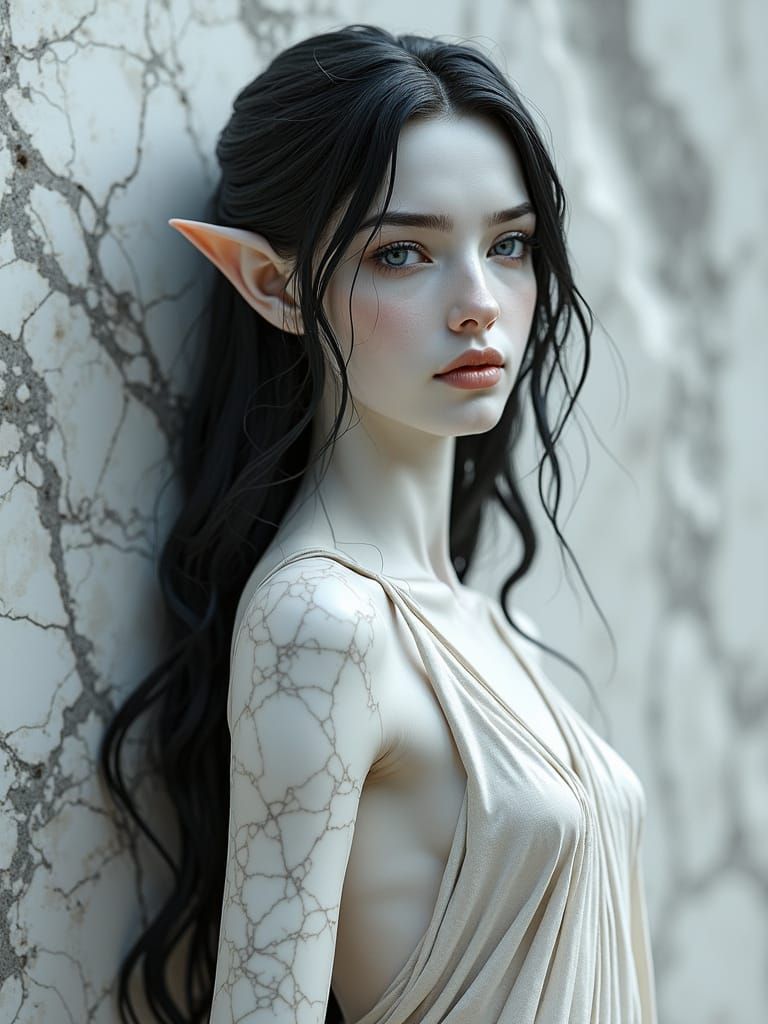 Marble Elf Frozen in Time: A Photorealistic Portrait