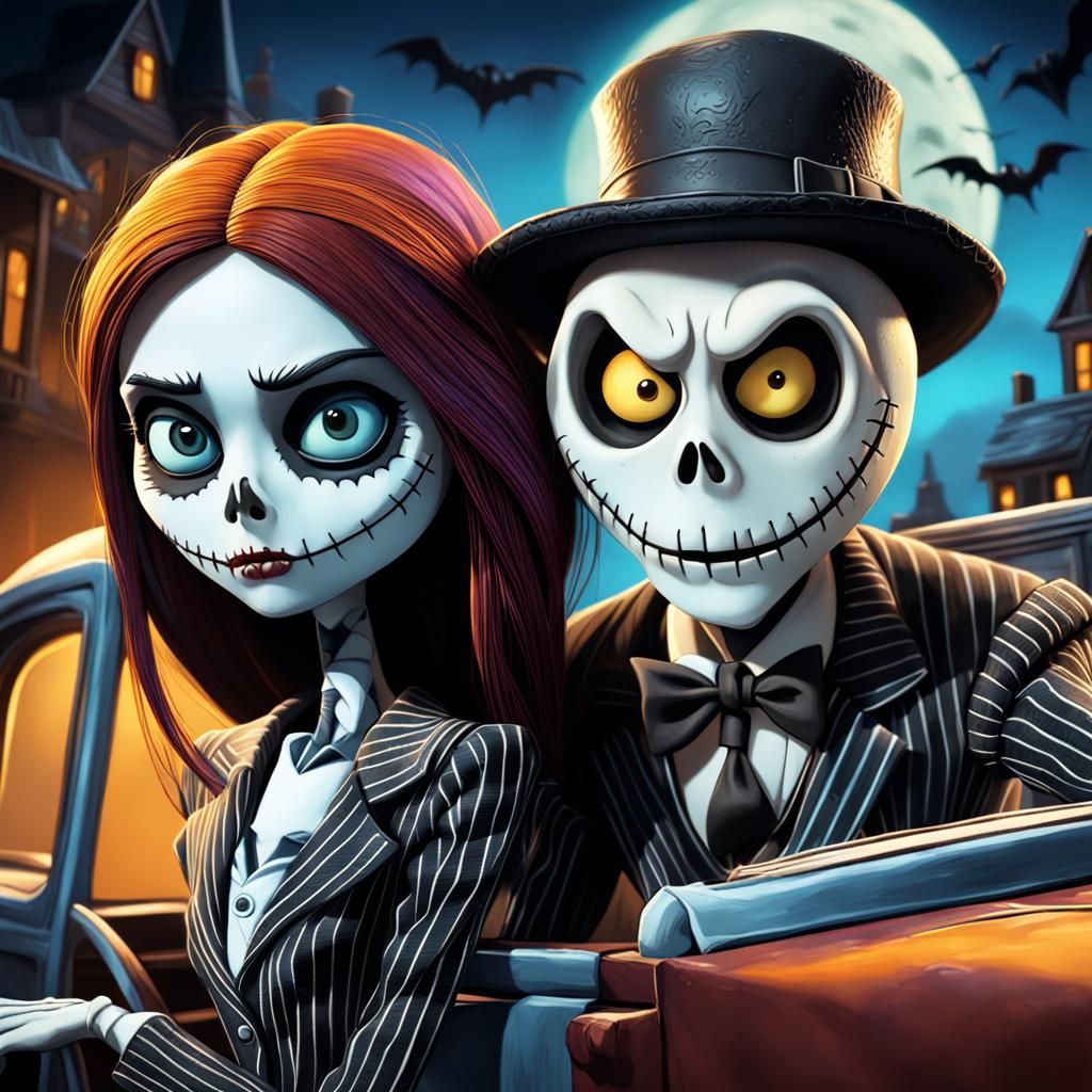 Jack and Sally as Bonnie and Clyde Cartoon