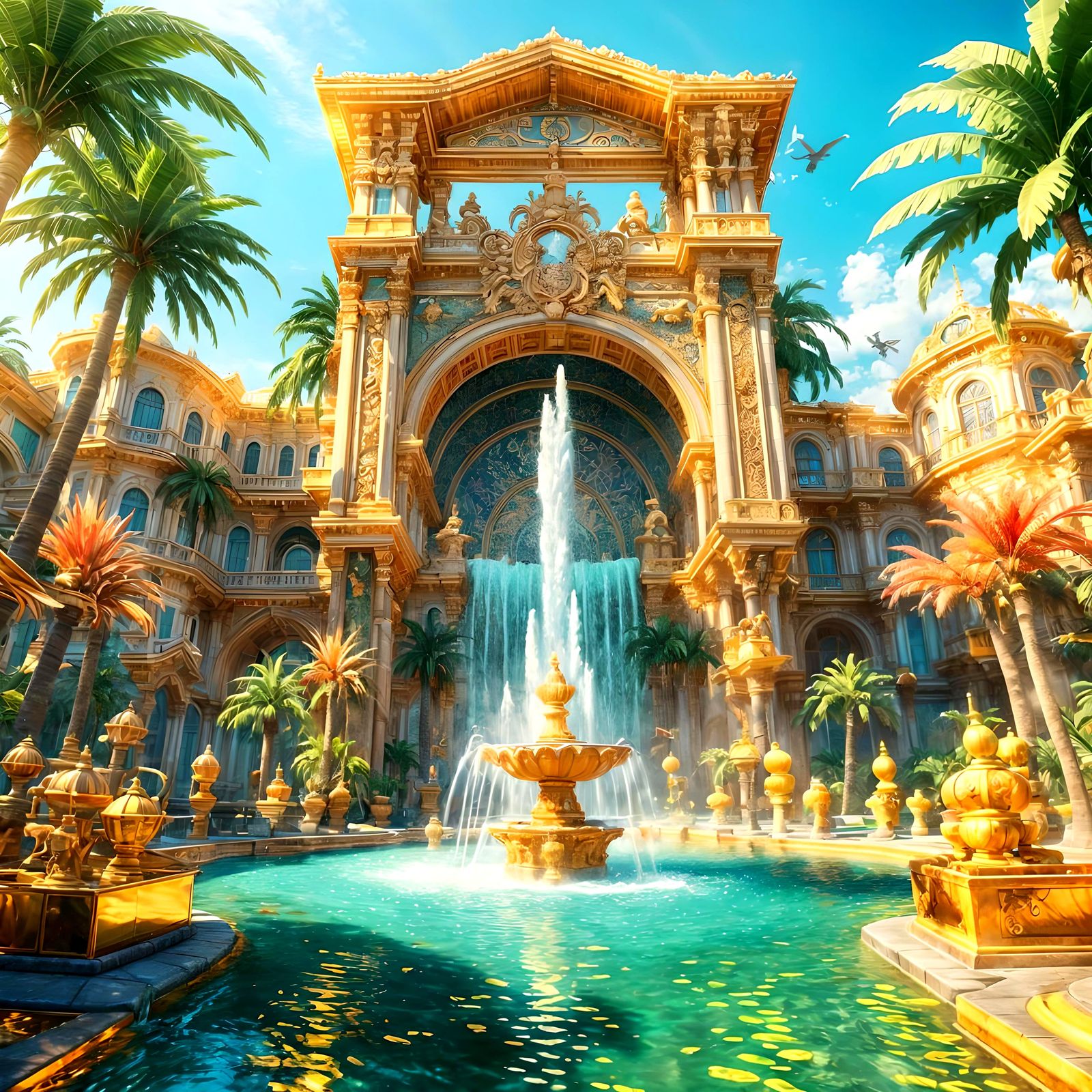 Lush Hanging Gardens of Babylon in Anime Style