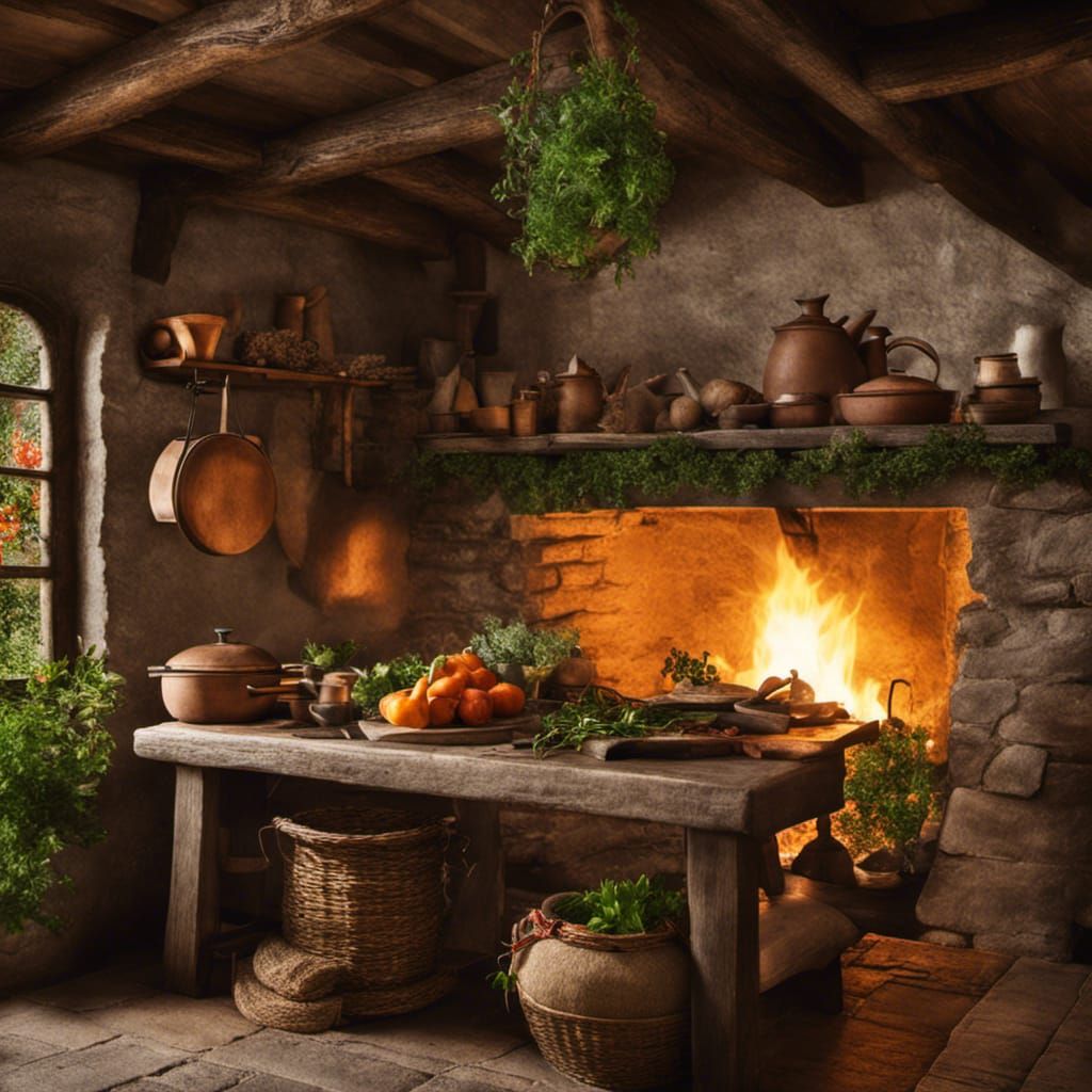 Medieval Cottage Kitchen with Fireplace and Herbs