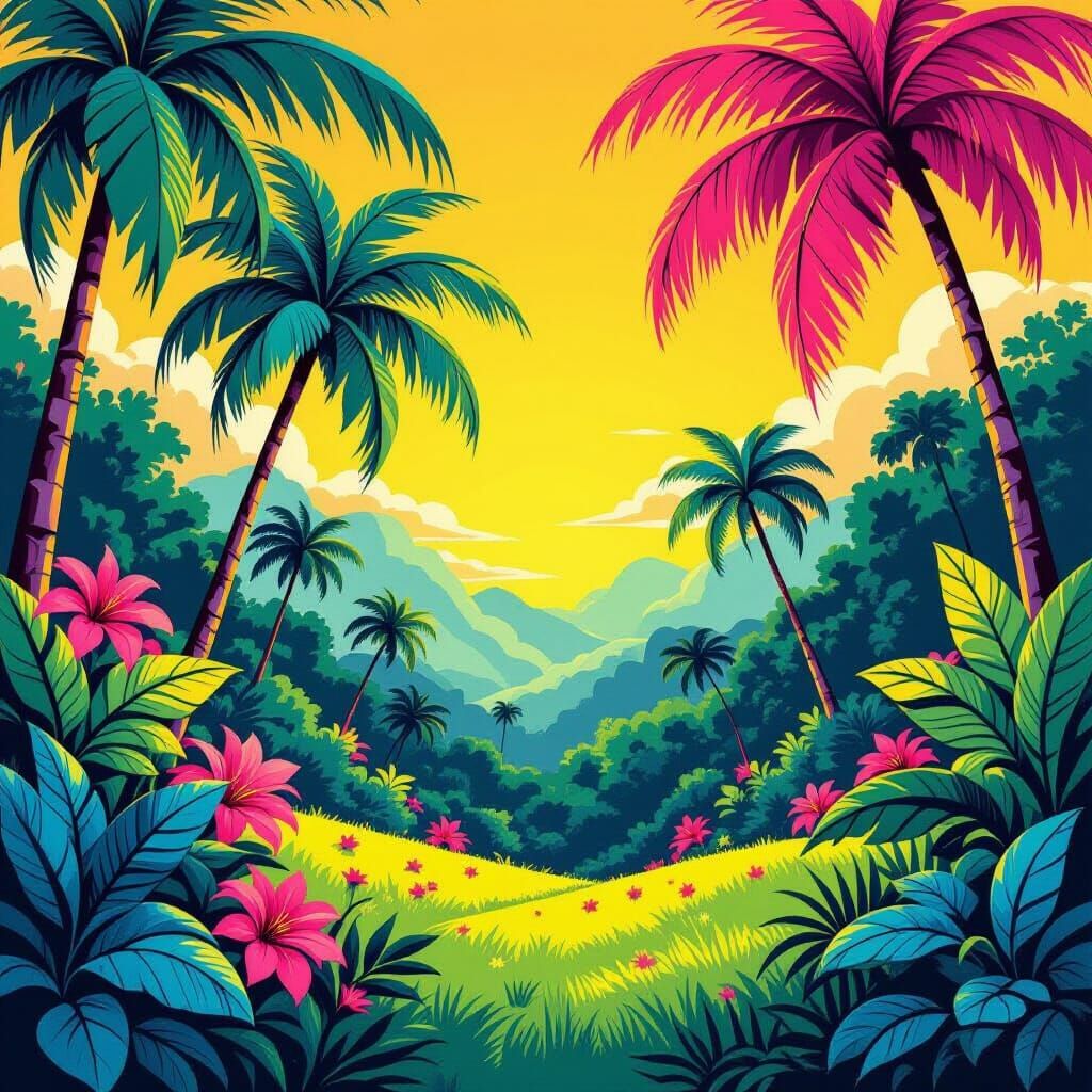Neon Tropical Landscape in Cartoon Style