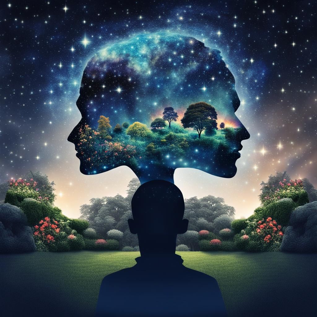 Surreal Garden Head Silhouette in Starry Sky