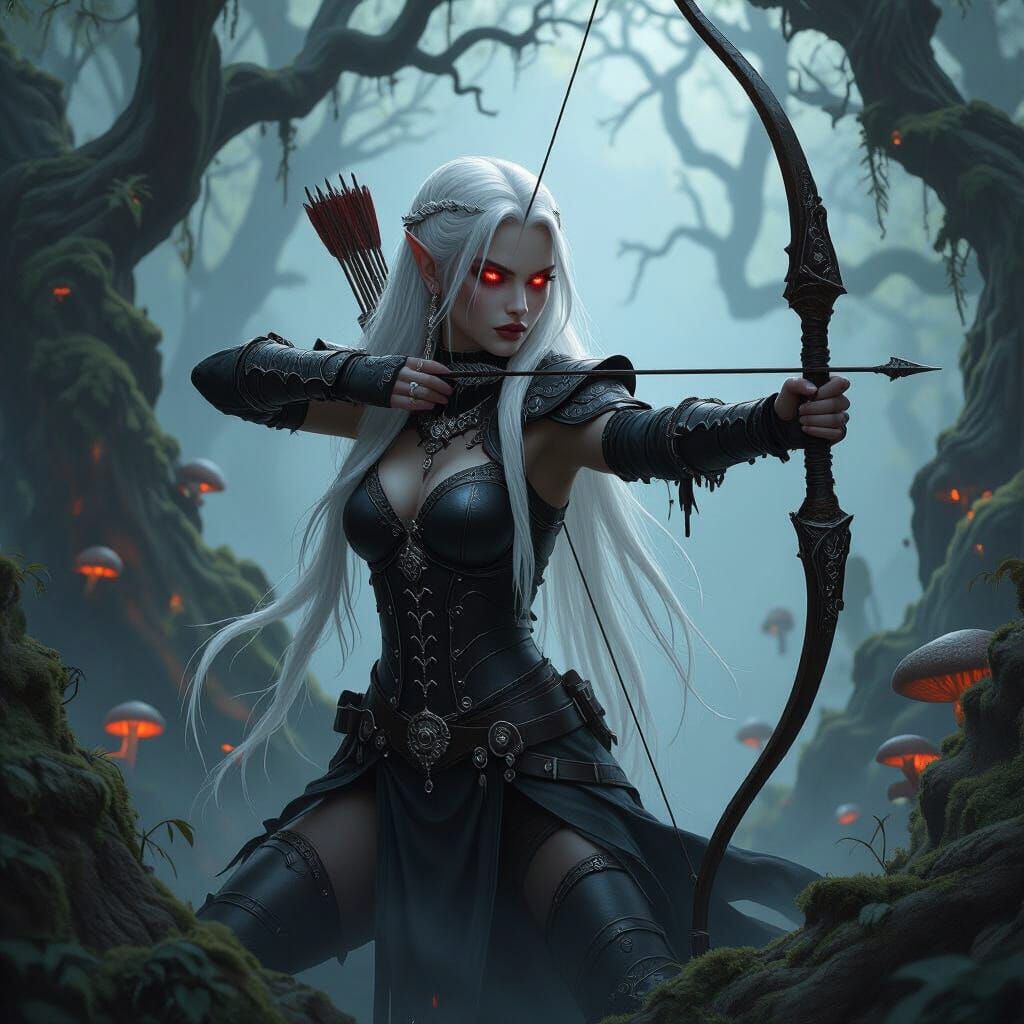 Drow Huntress in Gothic Dark Fantasy Forest