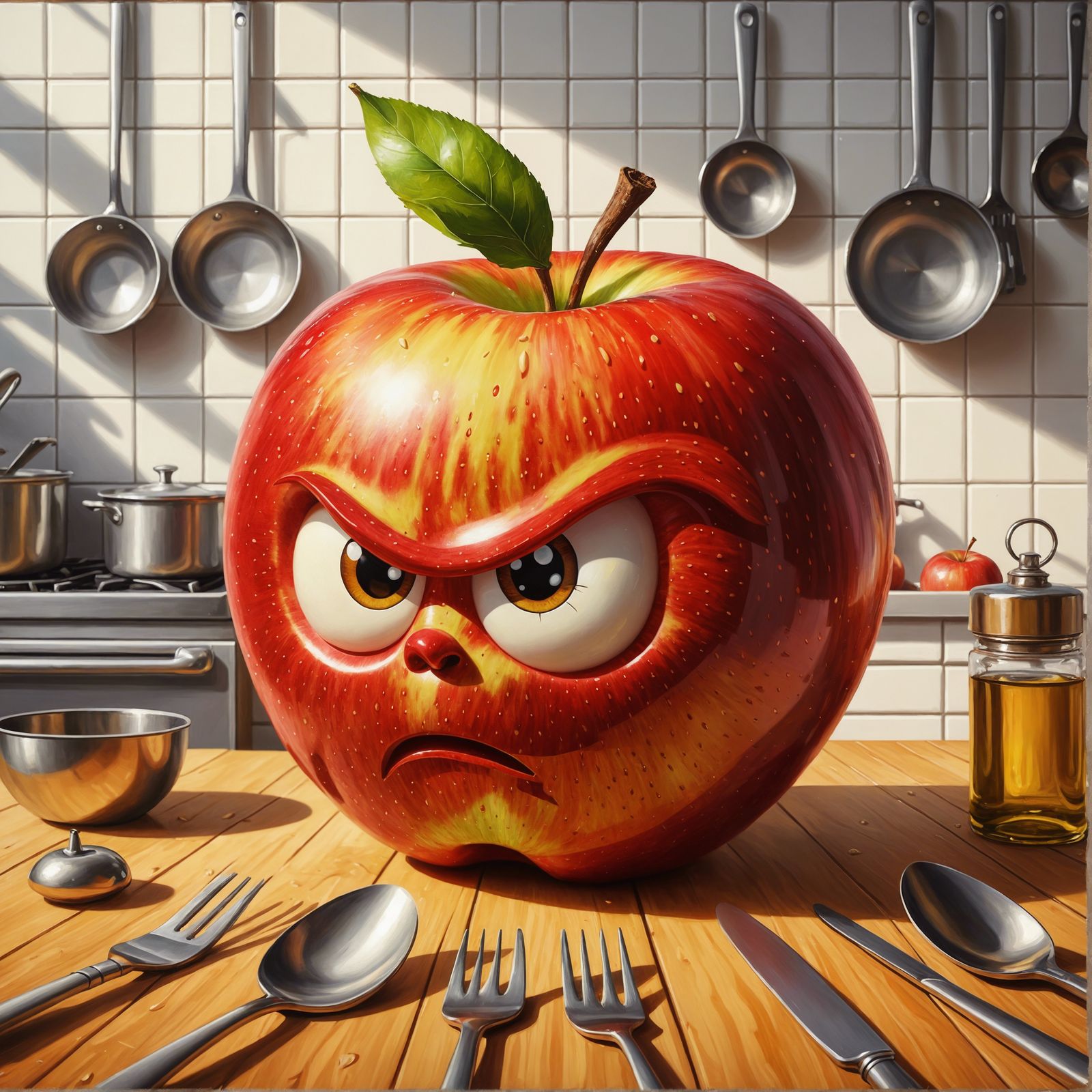 Grumpy Apple Character in Oil Painting Style