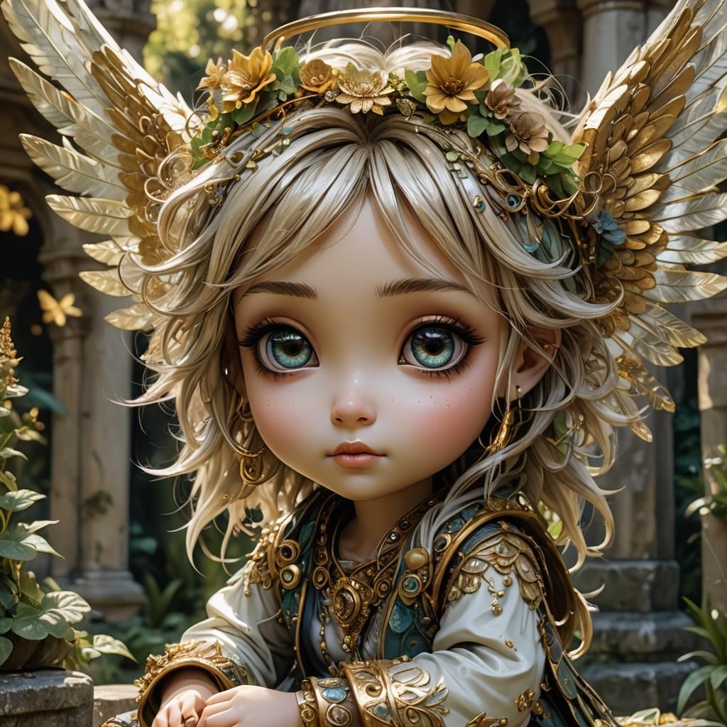 Chibi Angel in Temple Garden: Digital Art
