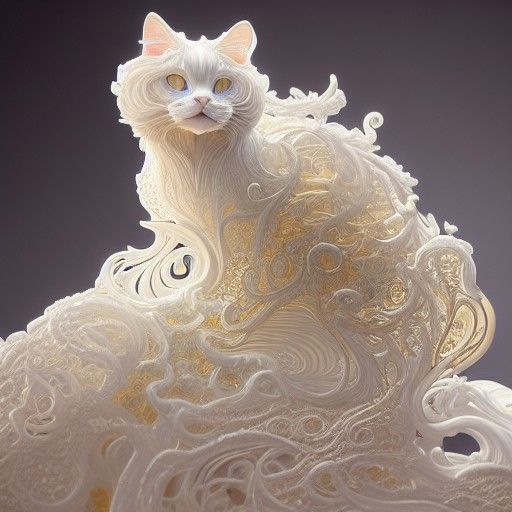 Opalescent Marble Cat Sculpture with Gold Filigree