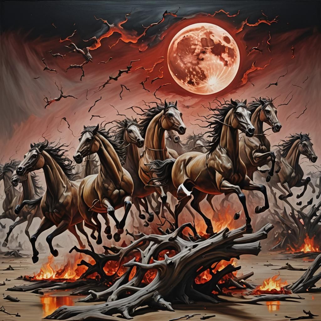 Burning Driftwood Horses Galloping Under Red Moon