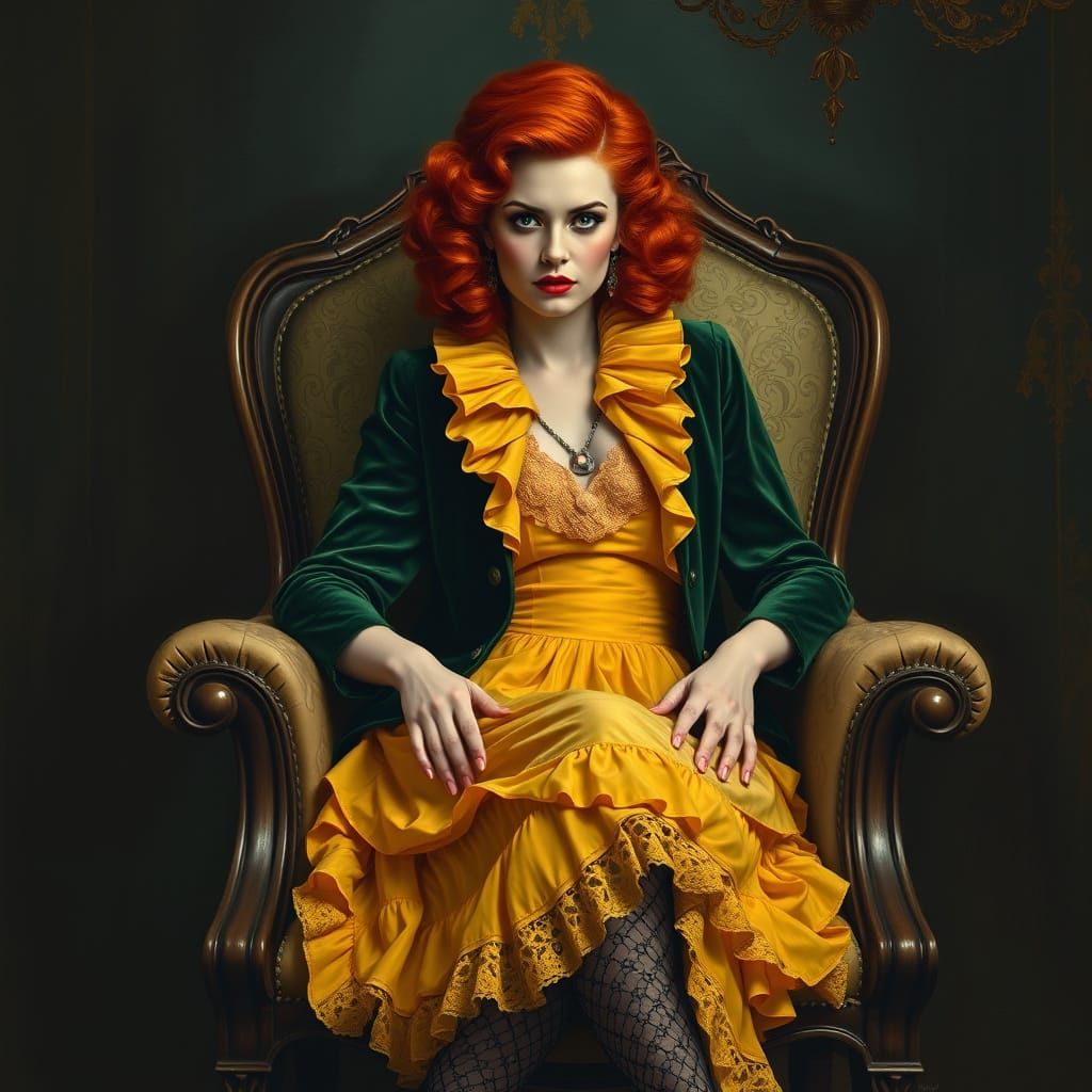 Regal Woman in Yellow Dress, 1920s Oil Painting Style