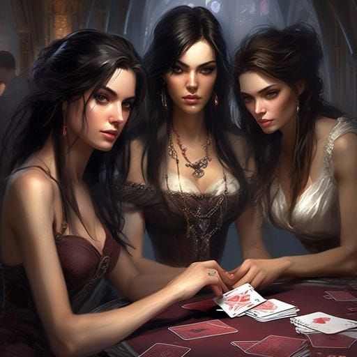 Beautiful Dark-Haired Women Playing Cards, Royo Style