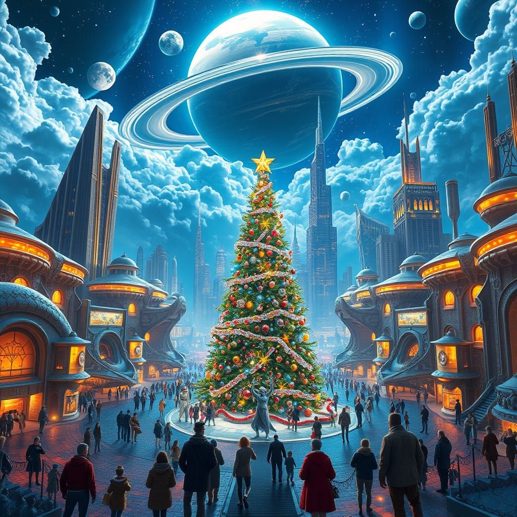 Humans and Aliens Celebrate Futuristic Christmas in a Shimme...