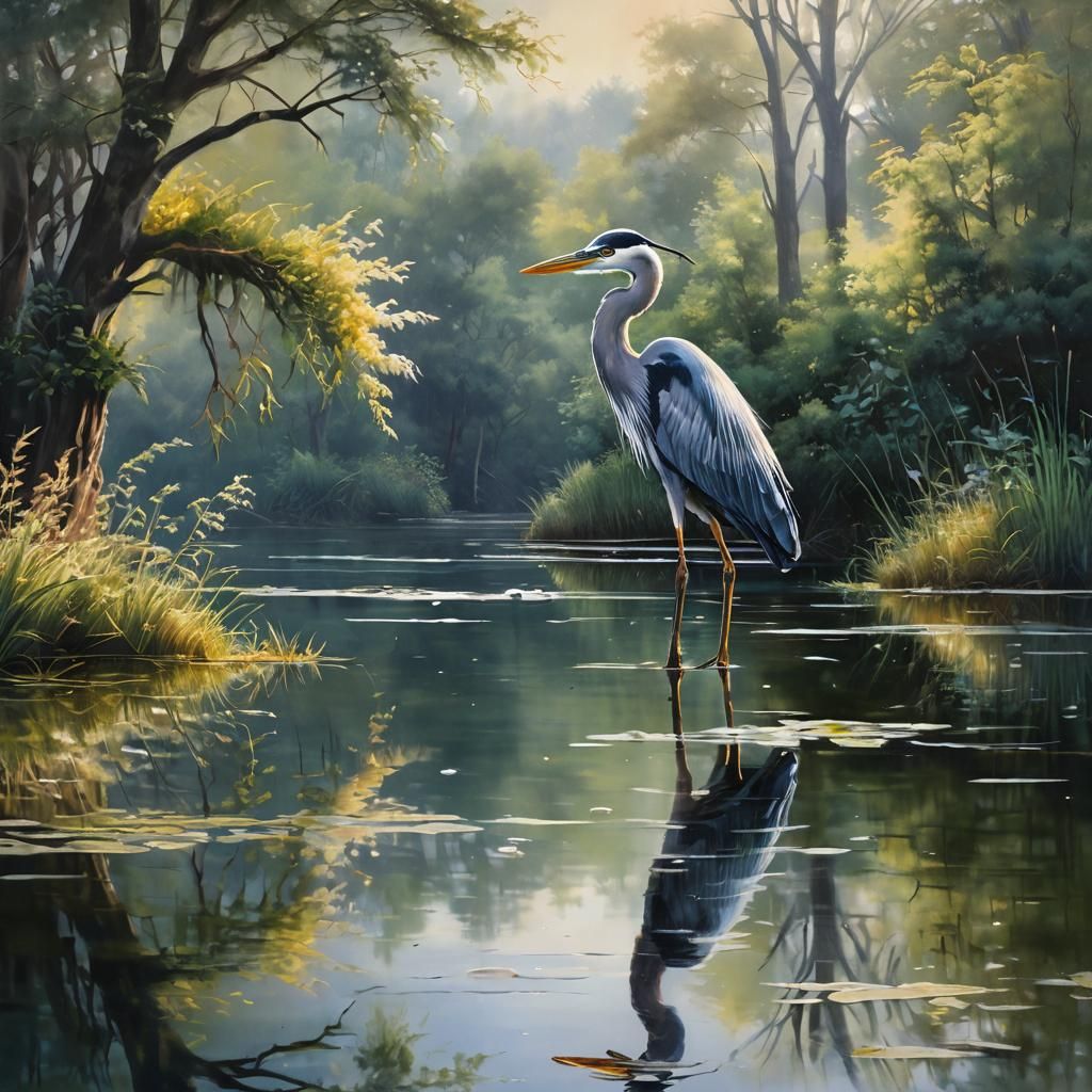 Heron on Lake Painting in Impressionist Style