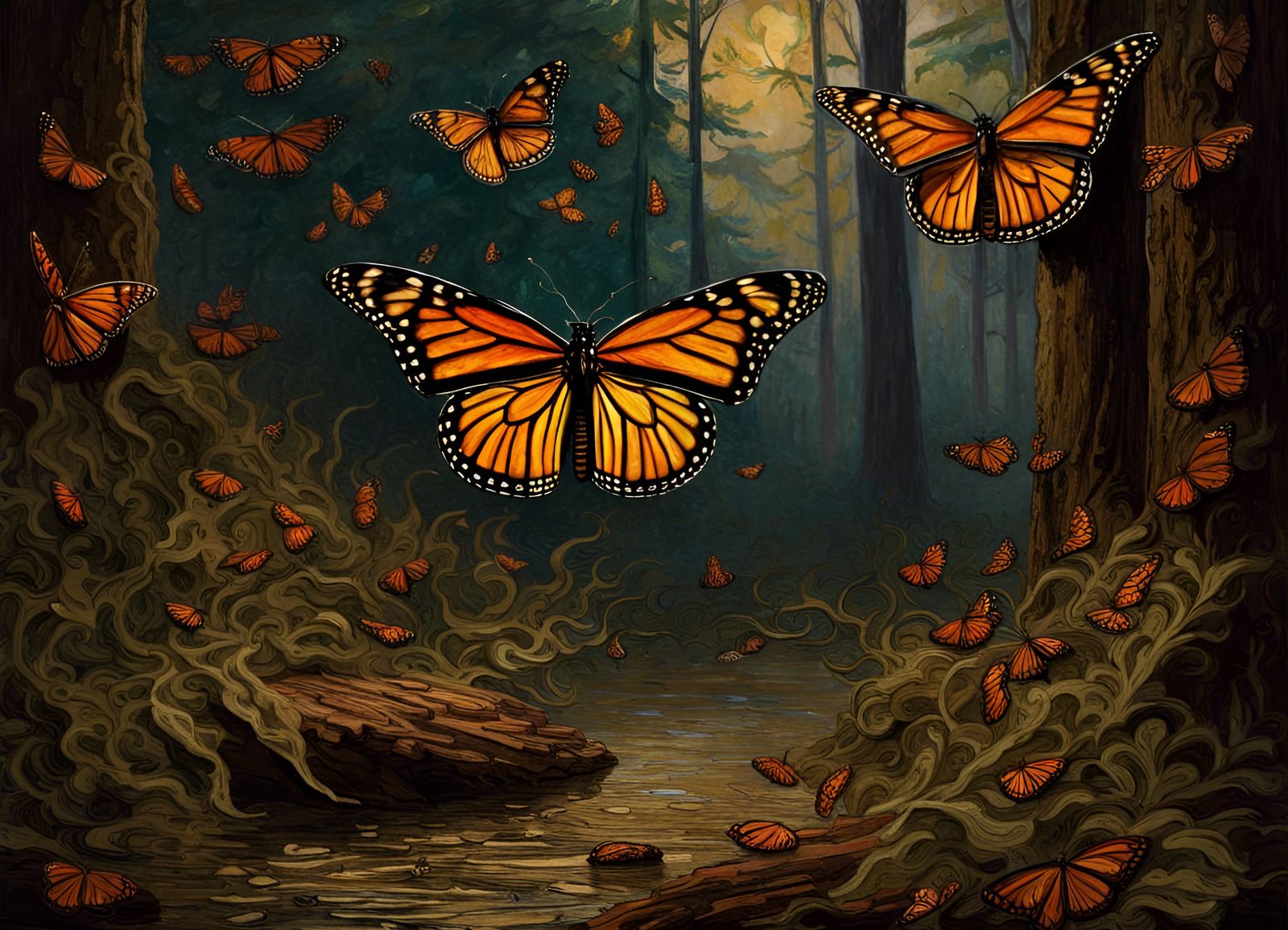 Monarch Butterflies in Ethereal Forest: Renaissance Painting