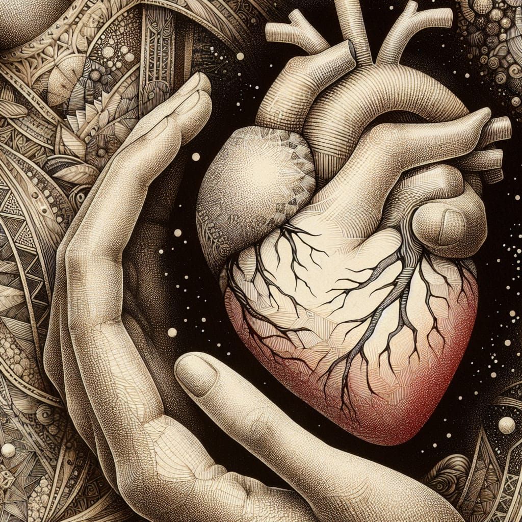 Intricate Heart Illustration with Blended Hand