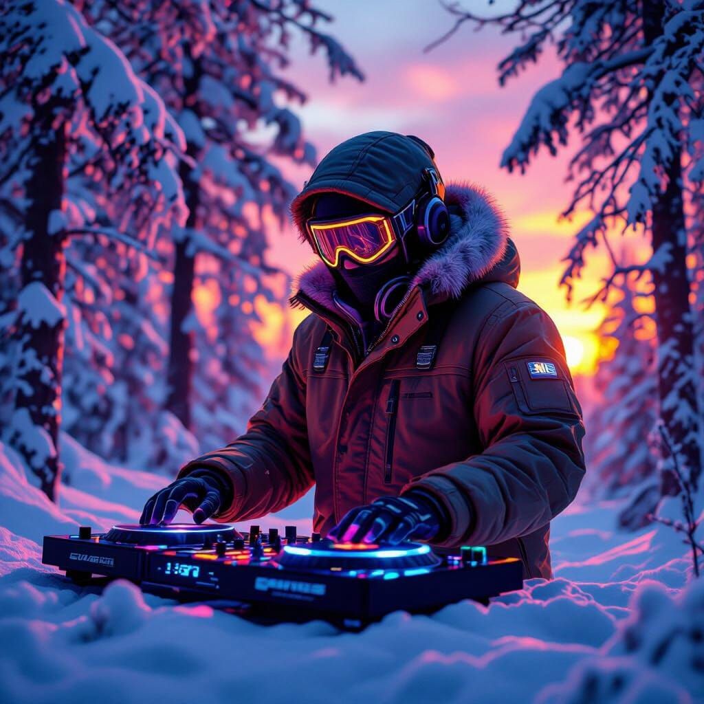 Cyberpunk DJ in Snowy Quebec Forest at Sunset