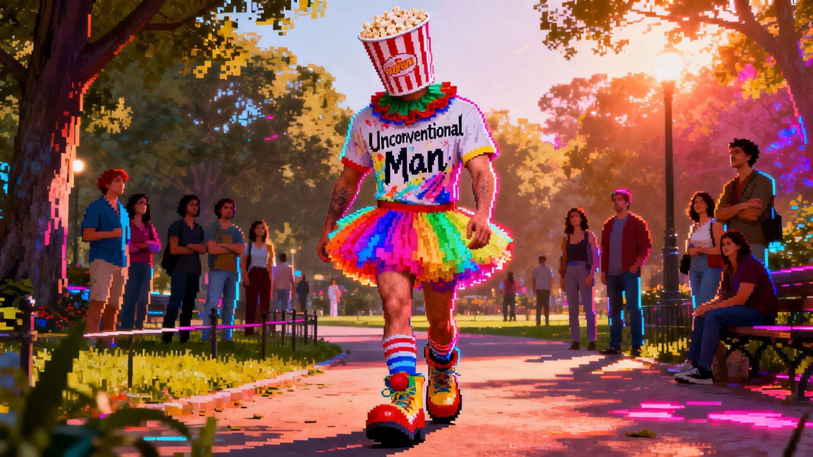 Unconventional Man with Popcorn Bucket in Pixel Art Style