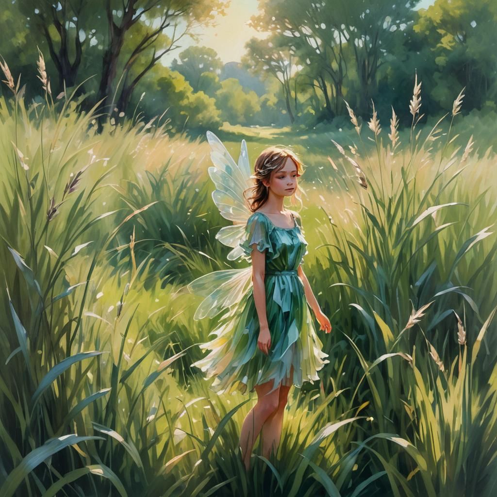 Fairy in Green Meadow: Impressionist Landscape Painting