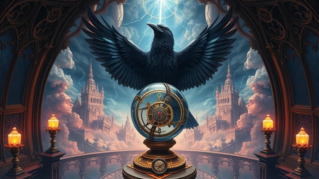 Steampunk Raven in Gothic Observatory as Impasto Gouache