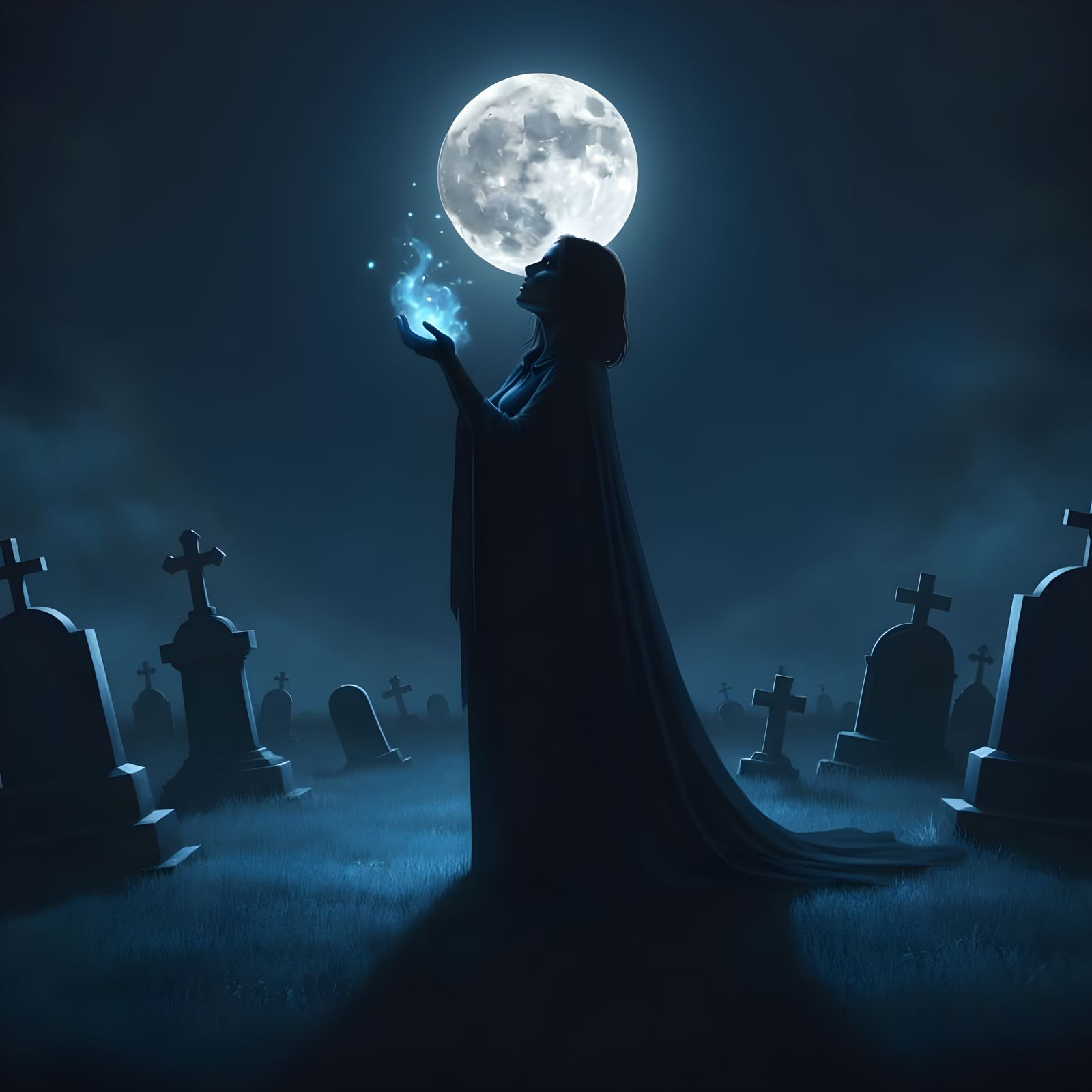 Ethereal Woman in Cloak in Moonlit Graveyard