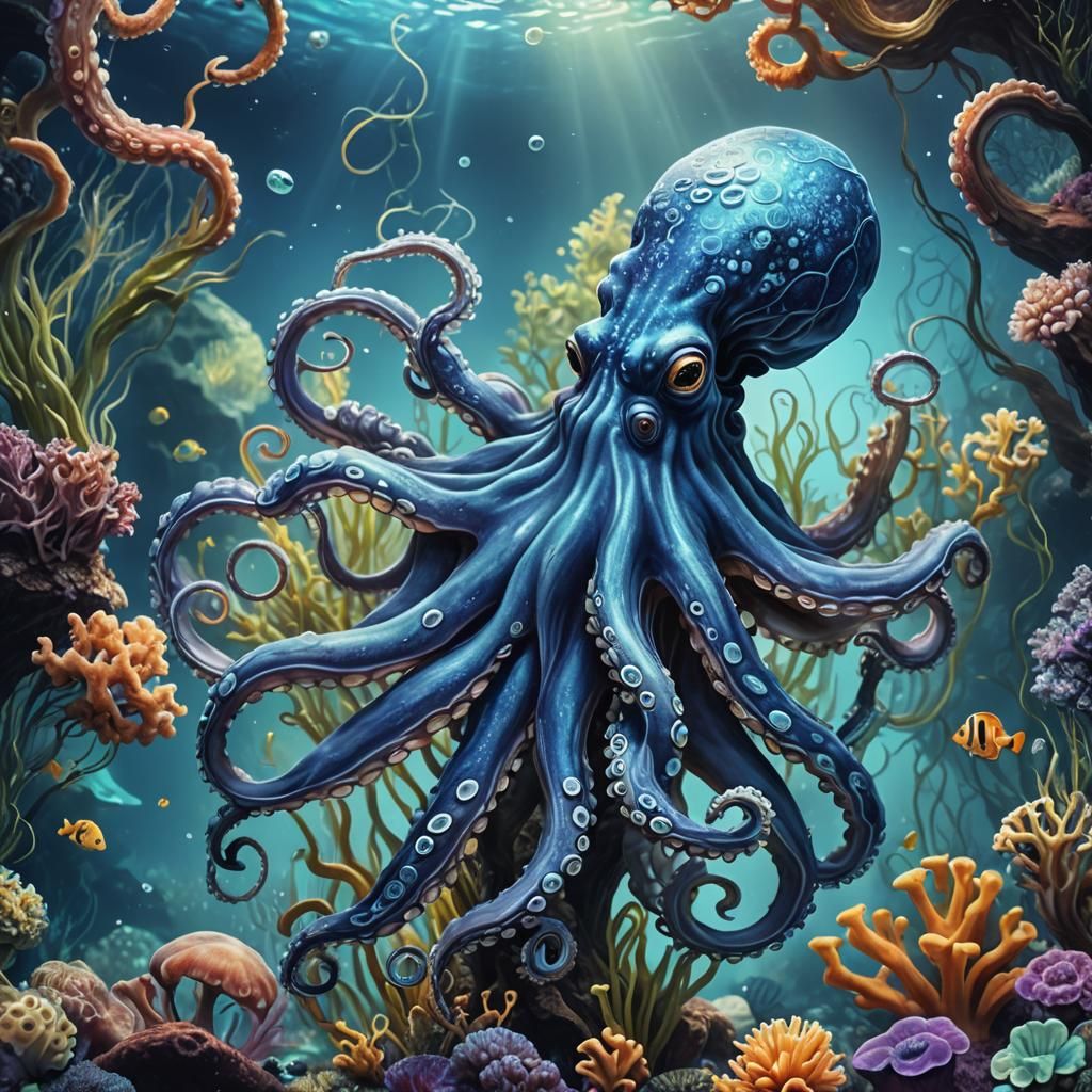 Blue Octopus in Aquarium: Holographic Cosmic Illustration