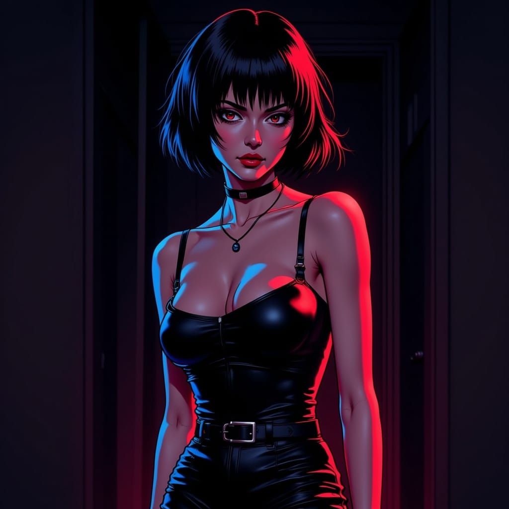 Anime Woman in Leather Dress with Dramatic Lighting