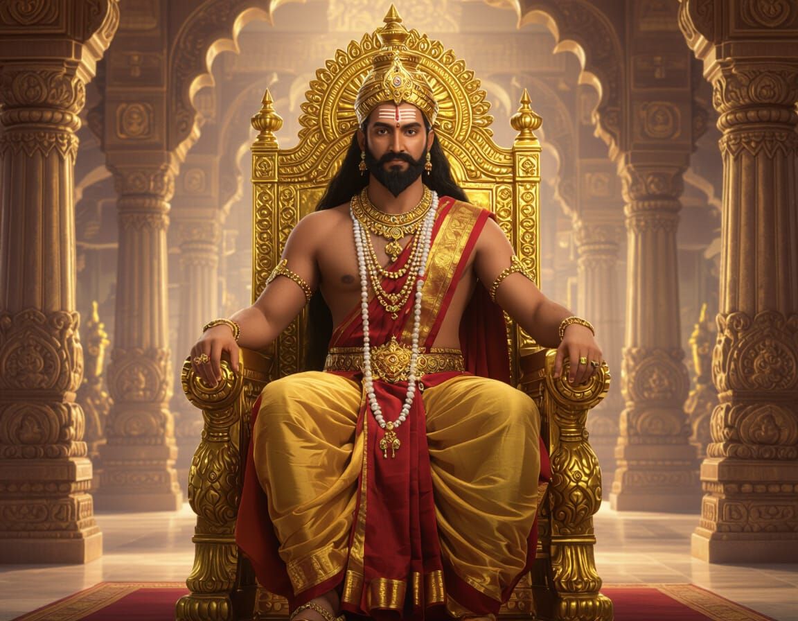 Ancient Indian King Sagara on Golden Throne in Royal Palace