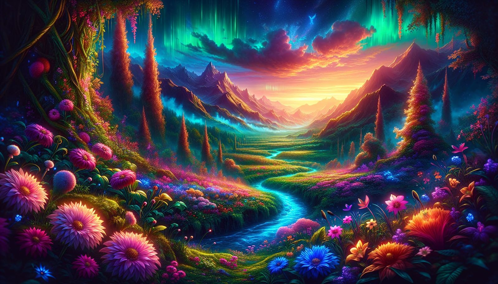 Whimsical fantasy fairy landscape in neon blacklight