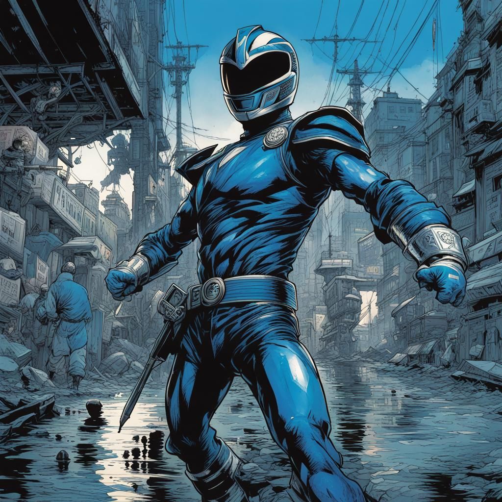 Blue Power Ranger in Hyper-Detailed Scribble Art
