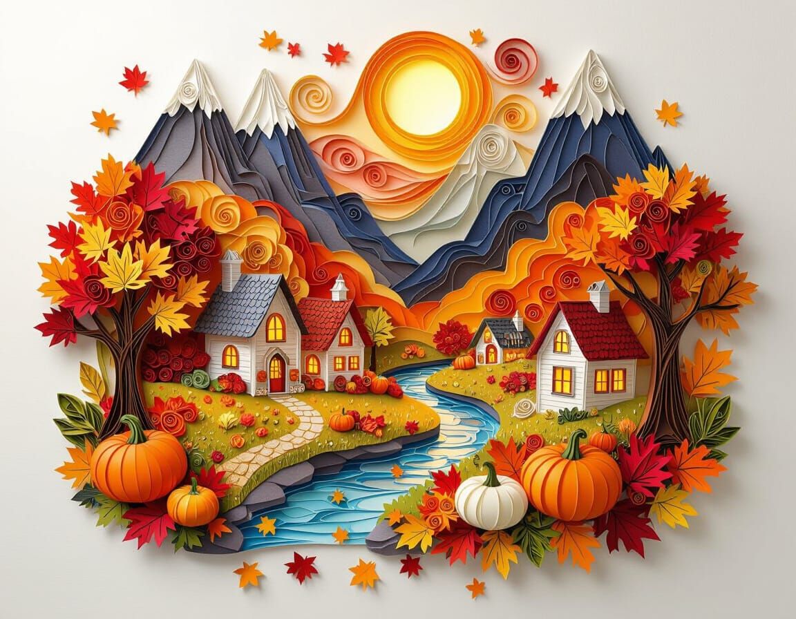 Quilled Paper Autumn Village Scene