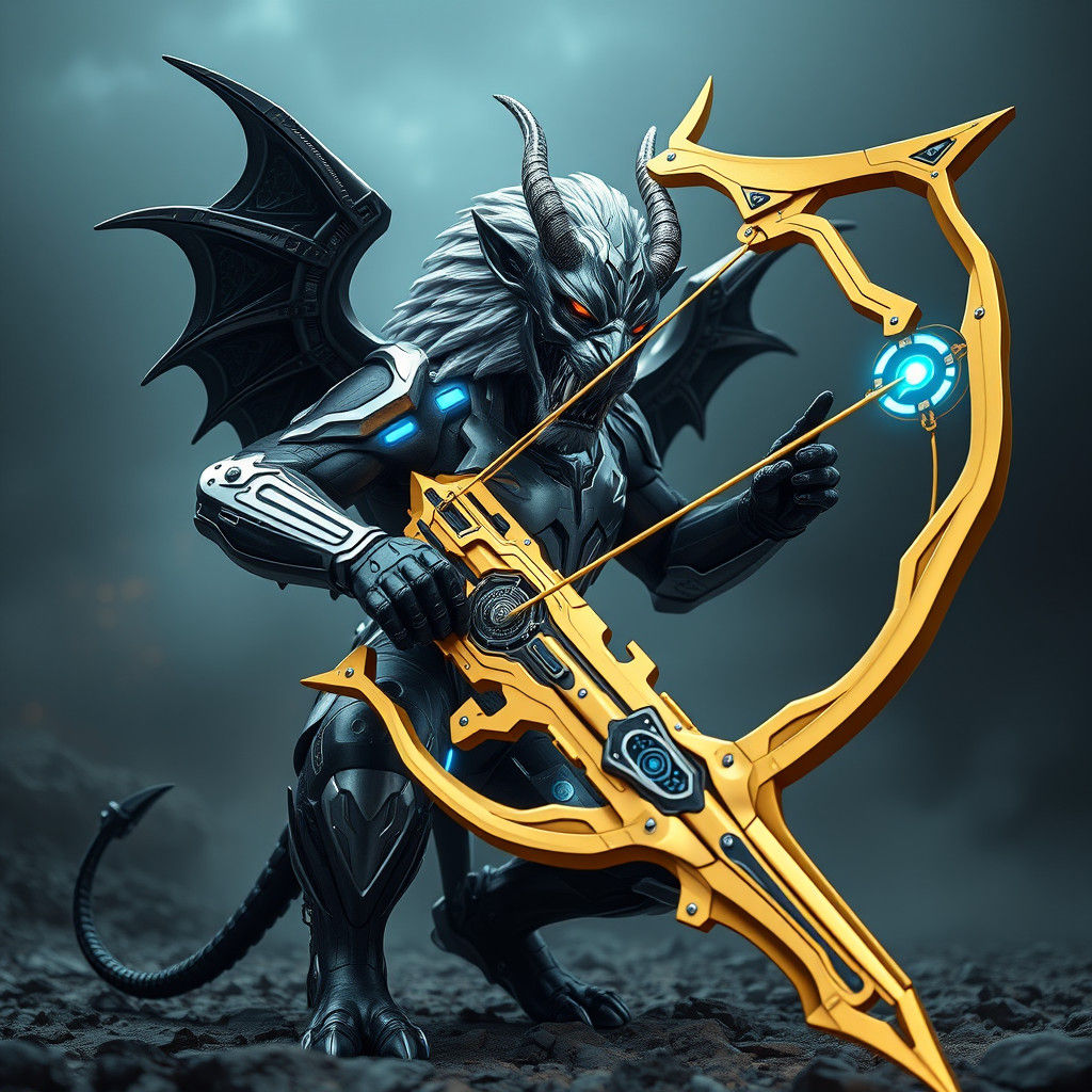 Lion-Headed Demon with Golden Bow in Cyberpunk Style