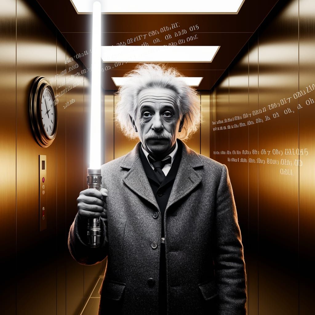 Elegant Einstein Wields Light Saber in Surreal Magritte-Styl...