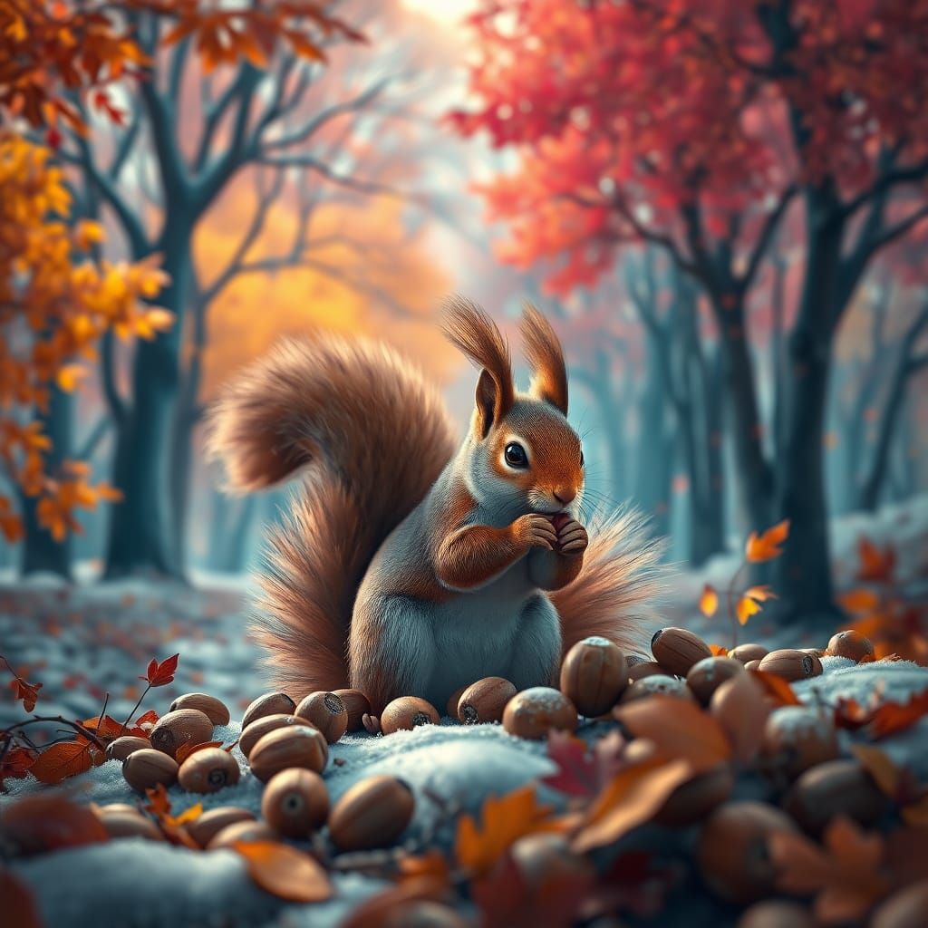 A wonderfully beautiful autumn winter landscape where a squirrel collects nuts