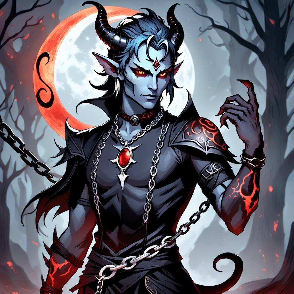 Tiefling in Corrupted Cityscape: Obsidian Skin and Runes