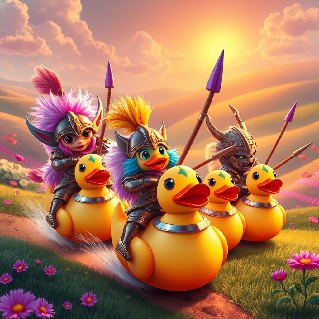 Orcs Jousting on Rubber Ducks in a Whimsical World