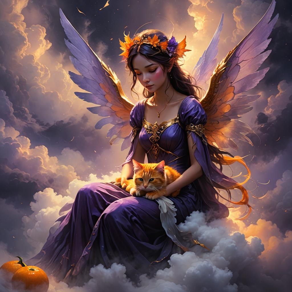 Fantasy Fairy with Winged Cat on Clouds
