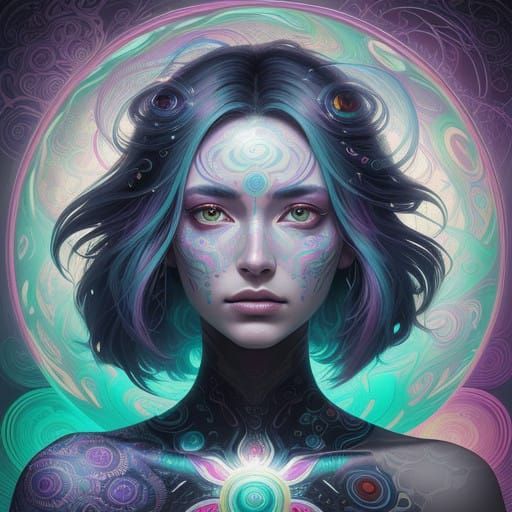 Dreamlike Woman in Vibrant, Swirling Patterns