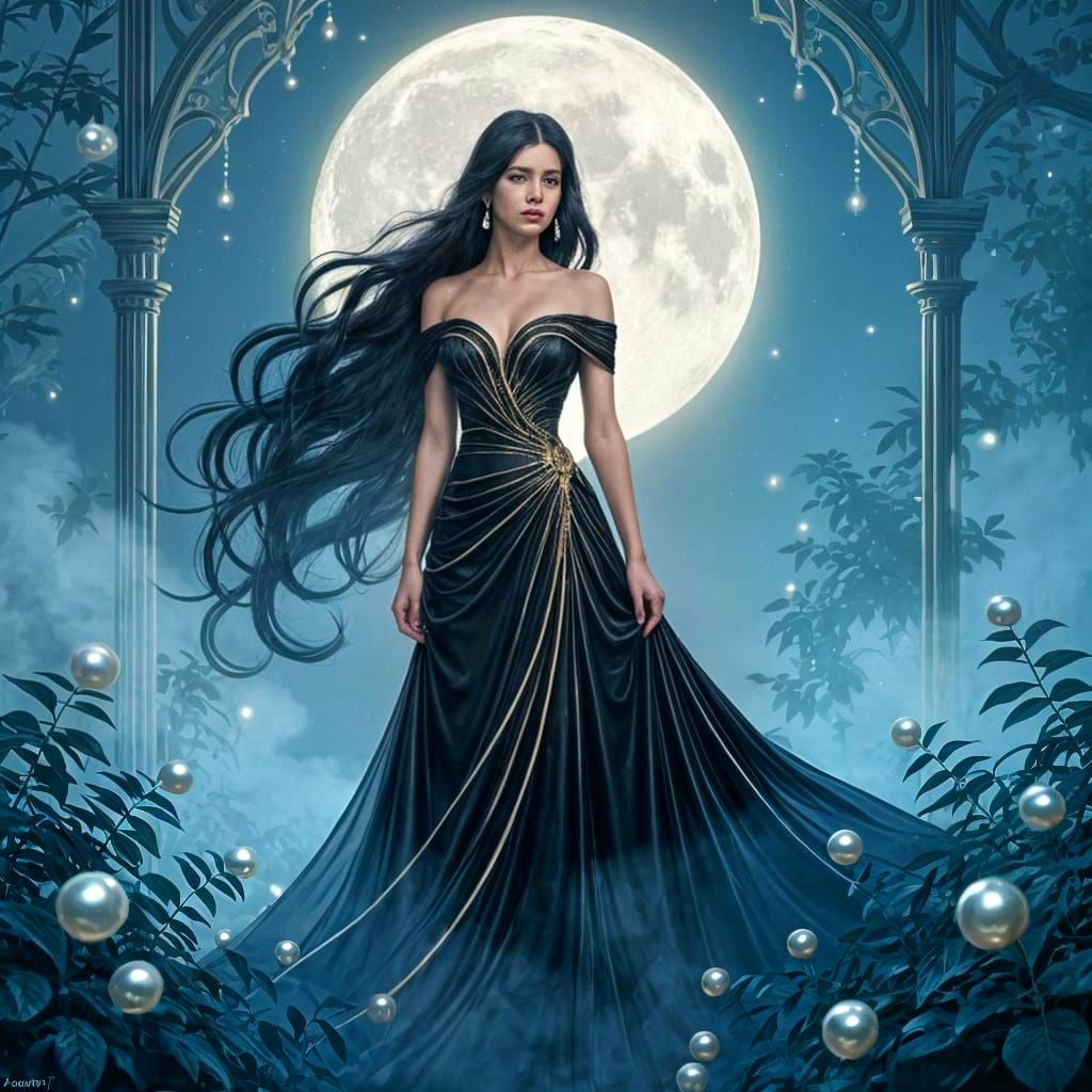 Woman in Moonlit Garden with Metallic Curls