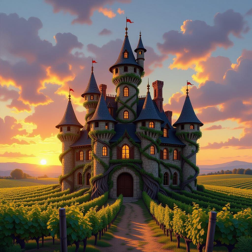 Vineyard Castle Artfully Crafted from Trees at Sunset