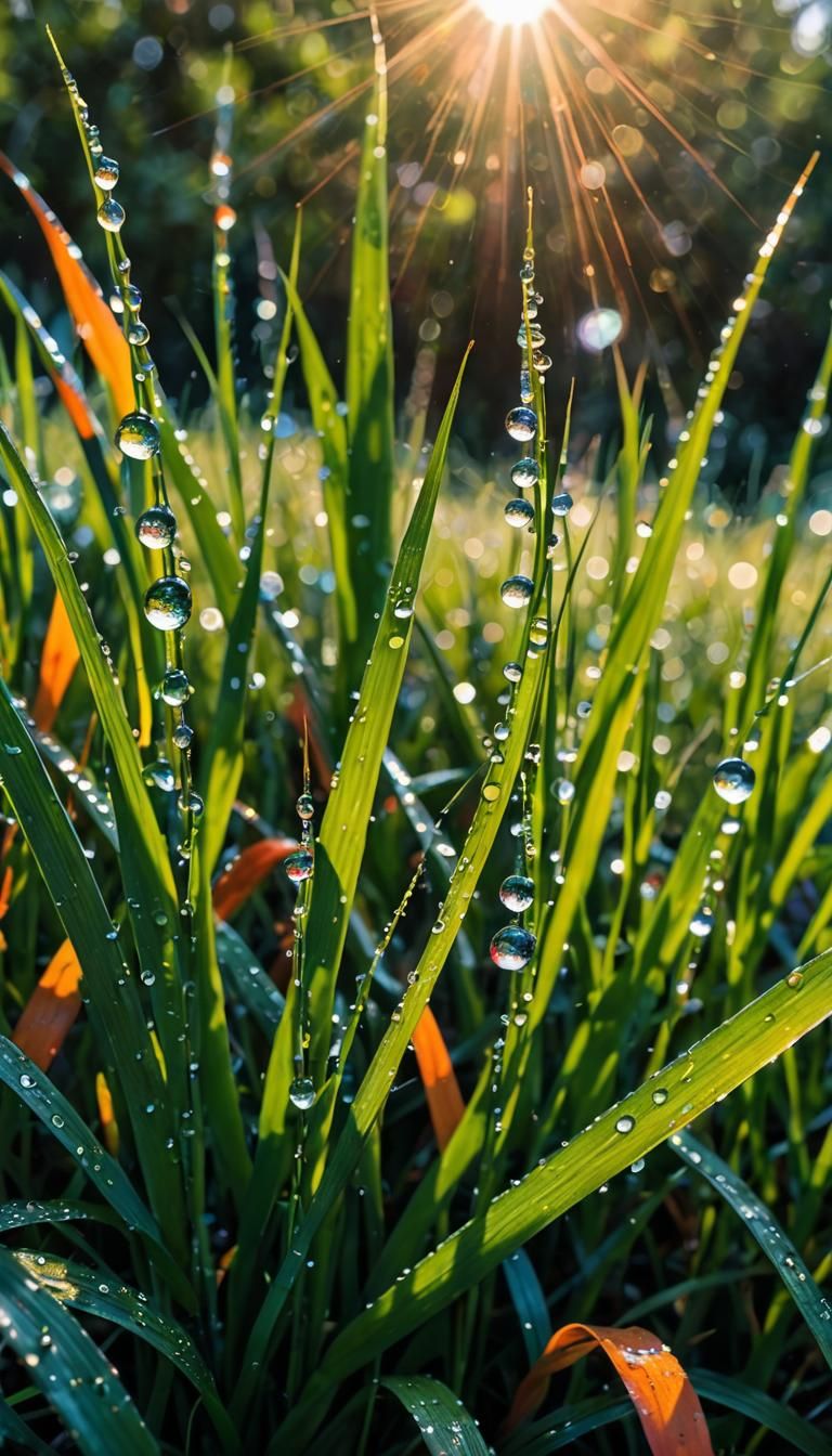 Dew Drops Reflecting Light in Surreal Watercolor
