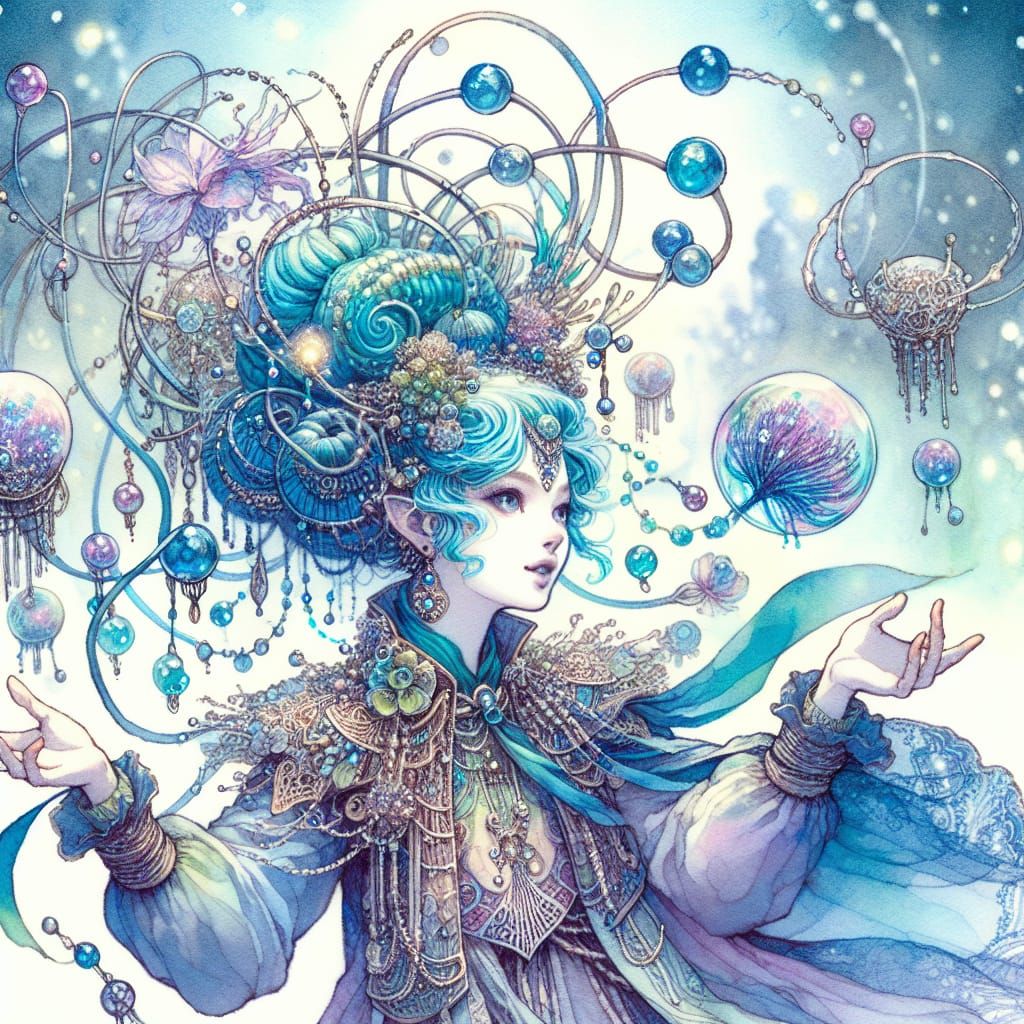 Mystical Woman in Whimsical Azure Hair, Dancing in an Enchan...