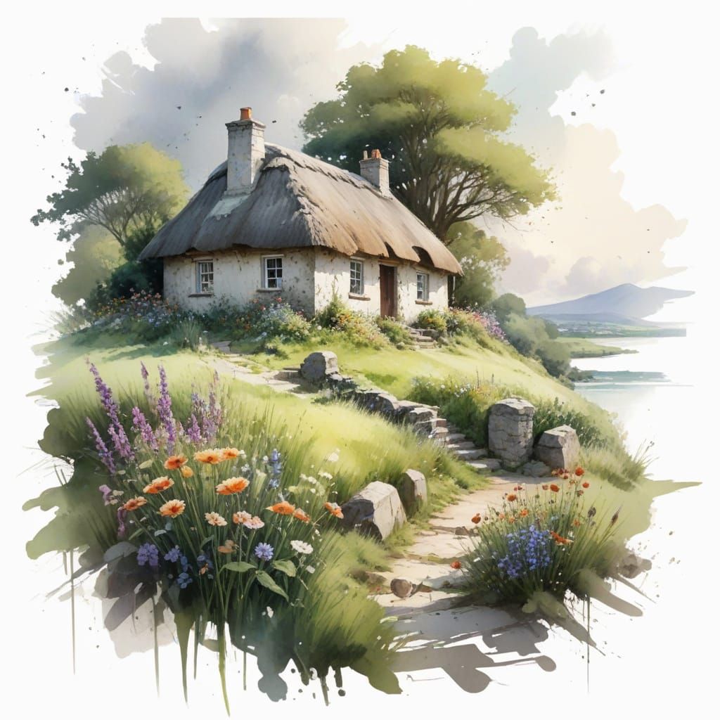 Charming Irish Cottage in Whimsical Watercolour