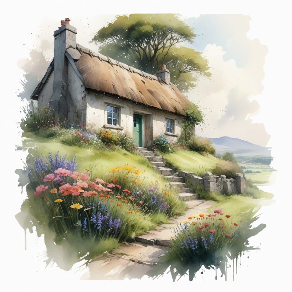 Traditional Irish Cottage with Thatched Roof in Vibrant Wate...