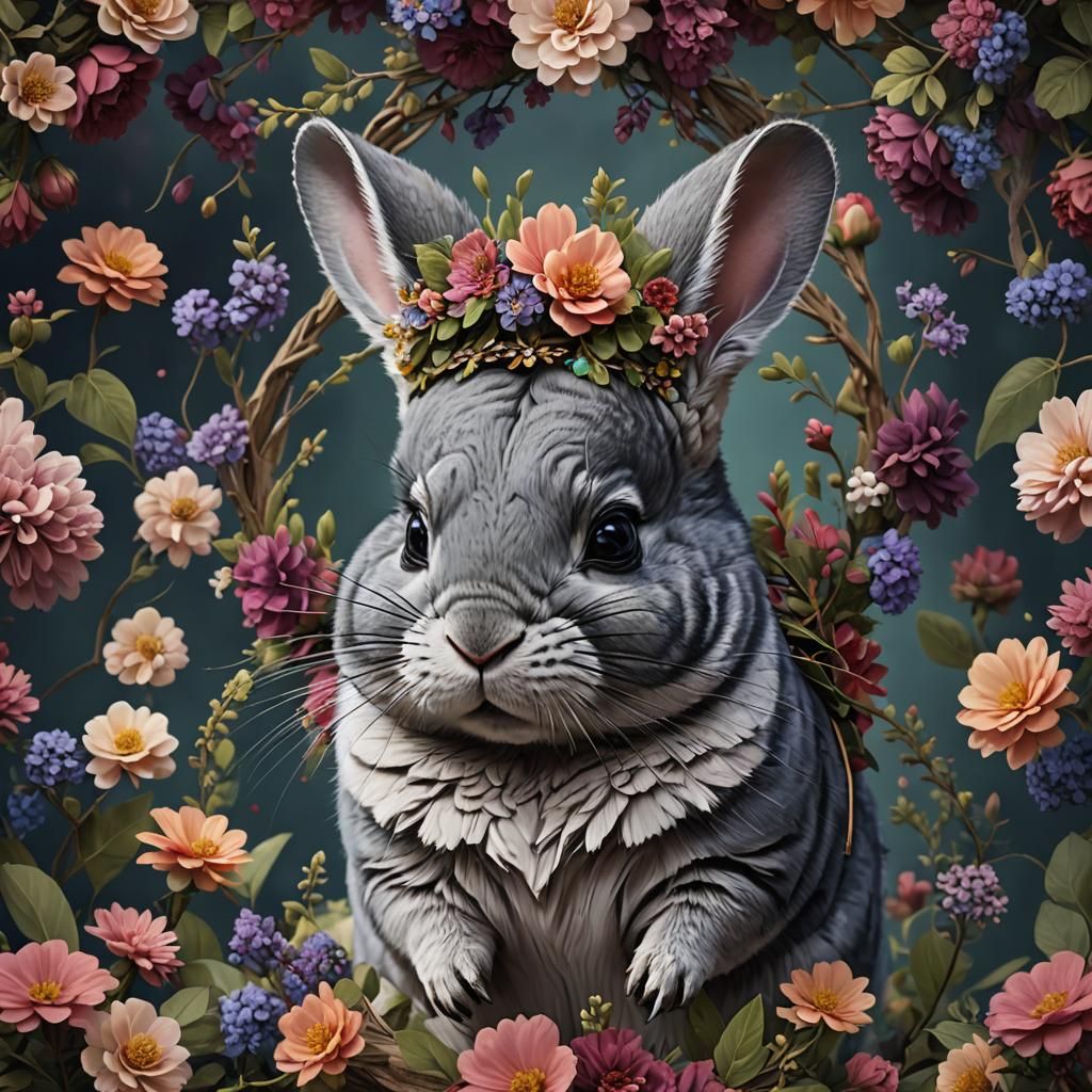 Chinchilla with Flower Crown: Detailed Matte Painting