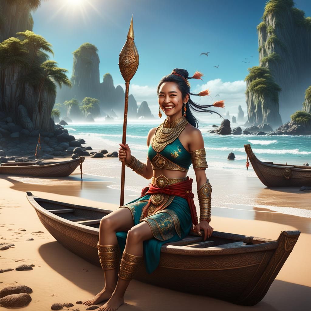 Smiling Asian Woman on Sunny Beach as Matte Painting
