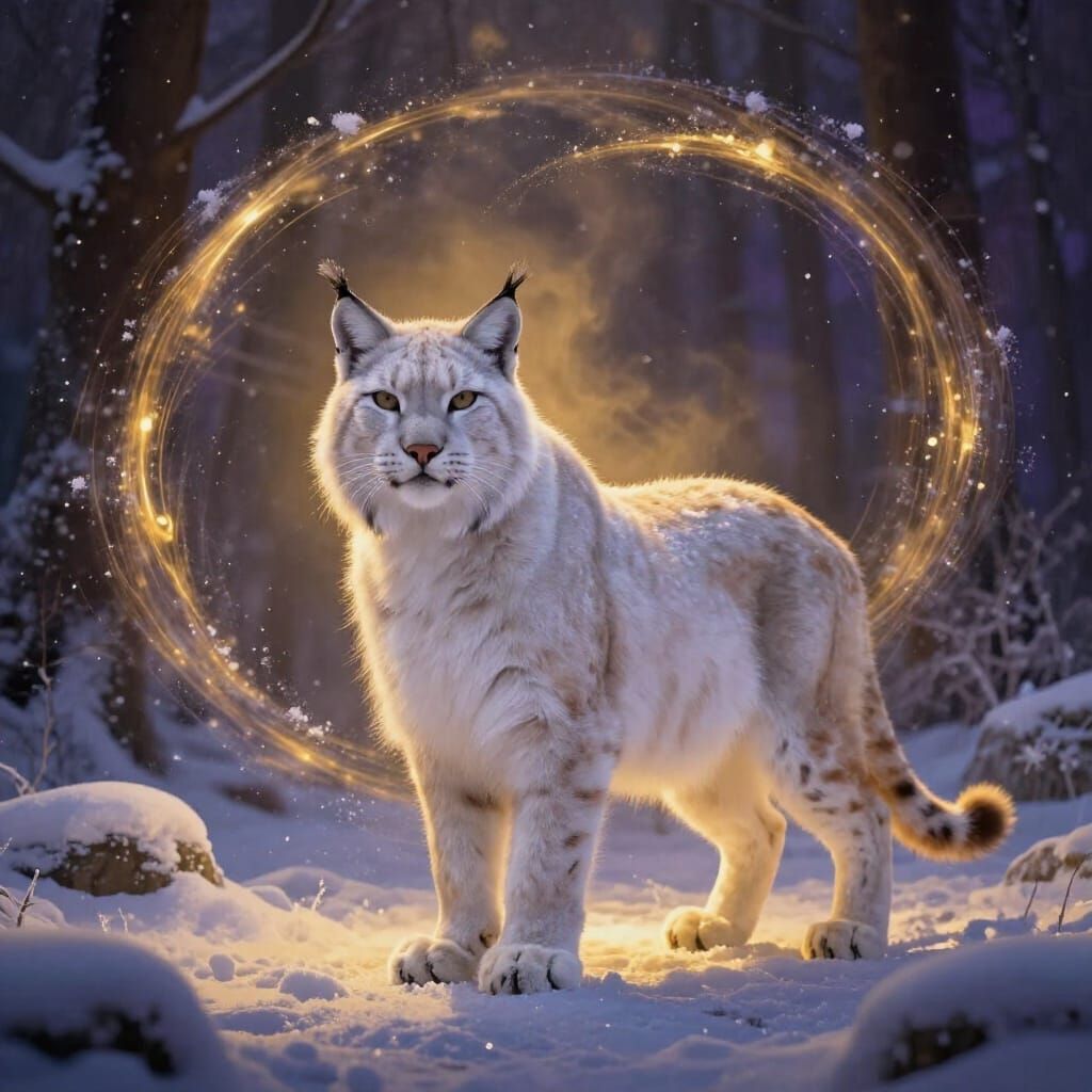 Majestic White Lynx in Golden Winter Forest