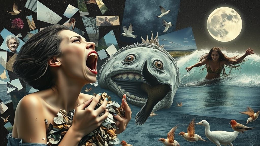 Screaming Woman Amidst Shattered Mirrors in Cosmic Surrealis...